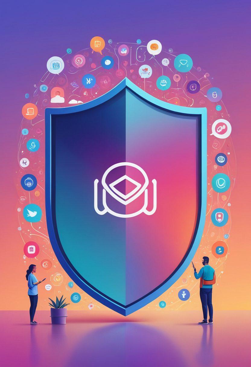 A shield symbolizing protection surrounded by diverse forms of communication like phones, emails, and messages. Incorporate subtle imagery of people asserting their boundaries, looking empowered and confident. Elements of a warning sign intermingled with the concept of opting out, creating a sense of awareness and empowerment. The background should be a calming gradient to convey support and understanding. modern flat design. vibrant colors.