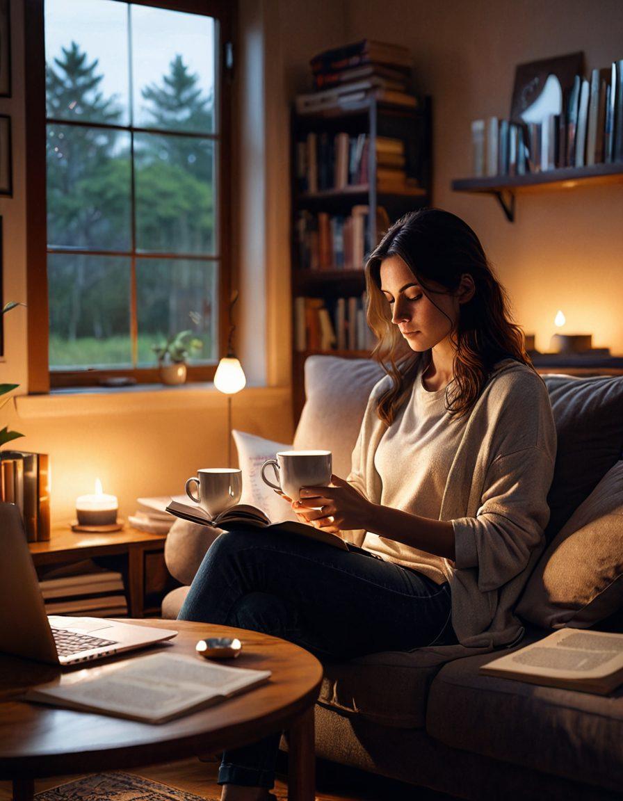 A thoughtful person sitting in a cozy, modern home environment, surrounded by open books and a laptop, contemplating choices about adult content. Include warm lighting, a cup of tea, and a serene expression to convey mindfulness. Add subtle symbols of safety and responsibility like a shield or heart in the background. super-realistic. soft warm colors. cozy atmosphere.