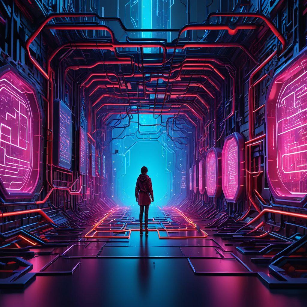 A detailed illustration of a digital landscape featuring a person cautiously navigating through a maze of colorful, abstract web pages, each representing different types of adult content. In the background, a large shield symbol signifies privacy protection, while various locks and keys float around to represent security. The scene is illuminated with vibrant neon colors, enhancing a modern and intriguing atmosphere, evoking a sense of exploration and caution. cyberpunk. vibrant colors. 3D.